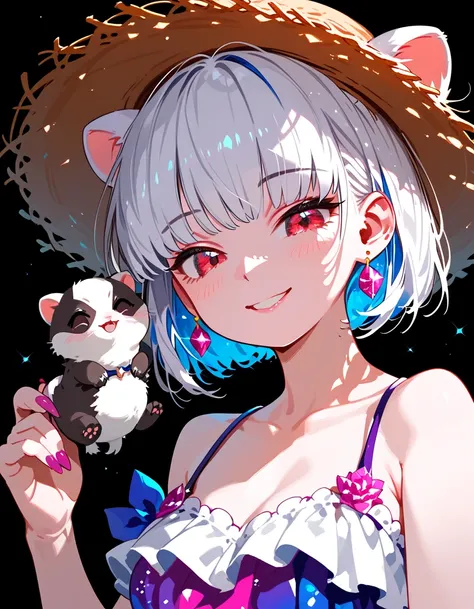 Kama Itachi , Girl with Ferret Ears, Cute,smile, short hair , has a tail , Wearing a Straw Hat , in red eyes , black background 