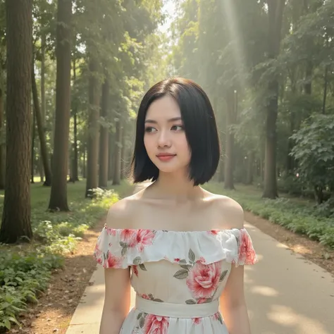 photography,  Model Photography ,  Asian girl,  Beautiful Cosmetics, black eyes,  beautiful eyes, ผมดำ,  short hair , Floral Sundress ,  standing in the forest ,  Beautiful Face , Rays of sunlight,  Lightสดใส, Highkey lighting ,  Reflection,  Light, Middle...