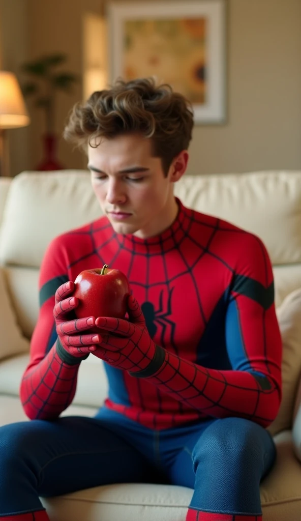 A young man, likely Caucasian, is seated, portrayed as the superhero Spider-Man. He is wearing iconic mask and iconic suit .  He is seated on a light-colored couch in a living room.  The character is holding a glossy red apple, looking intently at it. The ...