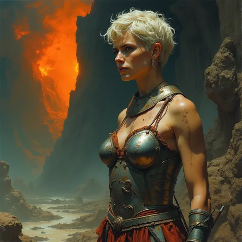 The surreal ghost of Pyrgomache (Amazon warrior) (tomboy, short hair, muscles, scars, cracks, fissures) wearing (fetid Roman battle armor) Her name means, Fiery Warrior. She was one of the twelve Amazons who accompanied Queen Penthesilea to the Battle of T...