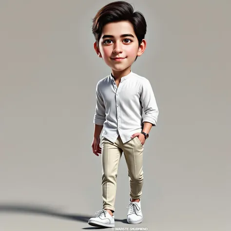 Realistic 4D caricature of a young Indonesian man wearing a white shirt, cream trousers, white shoes, walking