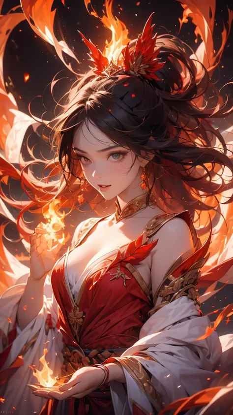 A flame goddess:Hestia, (epic composition, A woman wearing a flowing crimson clothing which is like a Hestia’s one In ancient Greek religion,Sacred place, very beautiful fire:flowing), (perfect anatomy), front view, almost whole body, random sexy pose ,(ri...