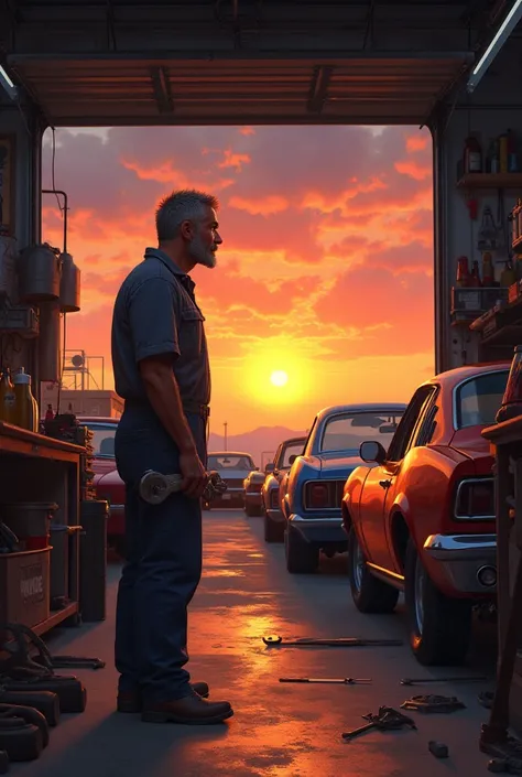 Make an image of a mechanic looking at the sunset