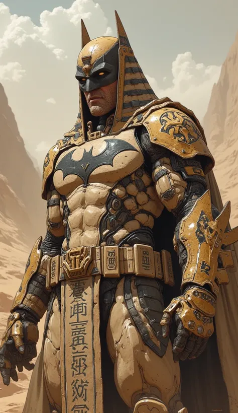 Closed up epic photography, of bruce wayne as ancient batman,ancient Egyptian power, detail face,a vengeful stare, wear sand brown heavier and bulkier savage egyptian Brutal armor (intricate detail wide and large bat hieroglyphs logo in chest) pure black c...