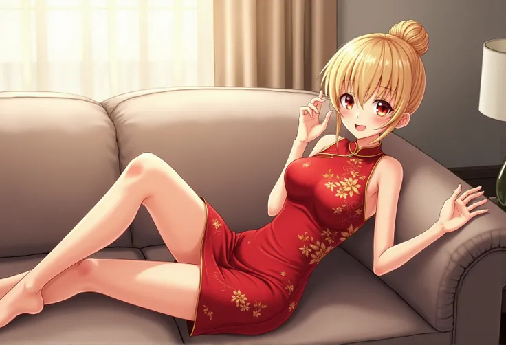 Blonde、 bun hair、  red eyes、  Cute Girl Lying on the Office Couch 、solo、 anime-like、 red china dress、slender、Big Breasts、Draw the whole body、smile