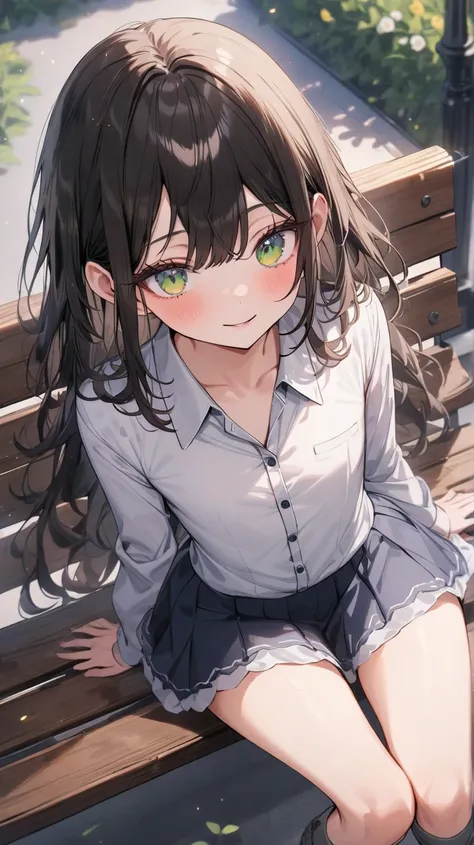 ((True best masterpiece, Ultimately perfect quality, Extremely delicate details)), A slender girl with flat chest, With dark brown hair, Green eyes, Wearing a dress shirt, Wearing a gathered skirt, Gray boots, Sitting down on a bench, ((Dress shirt, Short ...