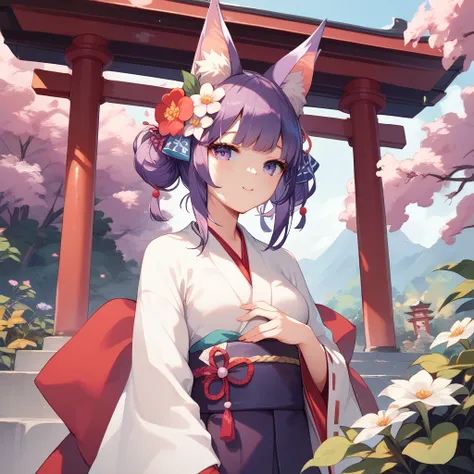  fox ears、Shrine Maiden's Flower Dance 、Girl with purple hair and one knot at the back、Far away