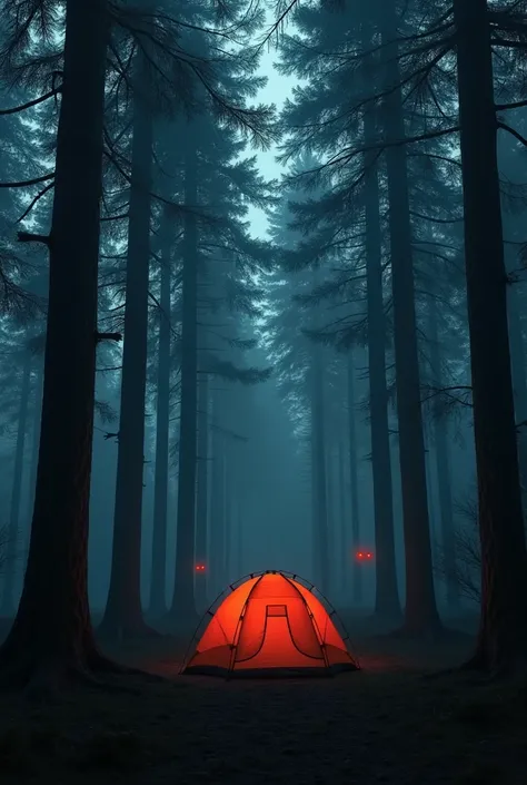 a scary forest with big trees around it and there are some figures with black silhouettes and a few details of eyes that emit reddish color that are directed at the tent below which is camping with a wide angle view and 1080 x 1920 resolution