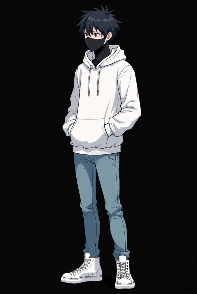 Can you draw an anime male with black messy hair and wearing a black cotton facemask, tight white hoodie, light blue skinny jeans, and white converse high-cut shoes. His position is that he's standing and looking at the left. The background is black.