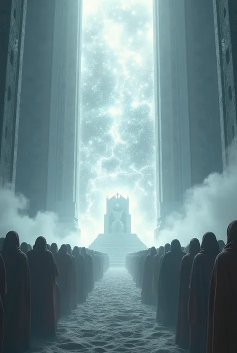 8k image of a colossal white throne stands above the universe. Before it, countless souls stand in awe and fear. A massive celestial screen reveals every deed of their lives. The presence of God is overwhelming, radiating absolute justice and mercy.