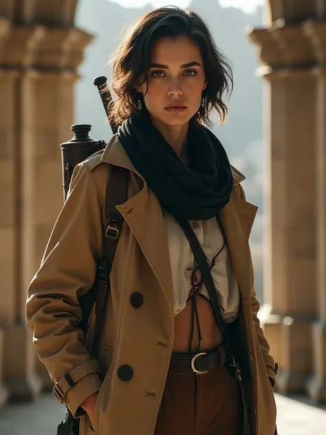  girl in brown outfit and brown trench coat, (8 k,  RAW Photo,  best quality ,  masterpiece:1.2), ( realistic, photo realistic:1.37),  ultra-detailed, One, upper body frame ,  white shirt, black scarf, brown harness , и накидка Survey Corps. Отличительной ...