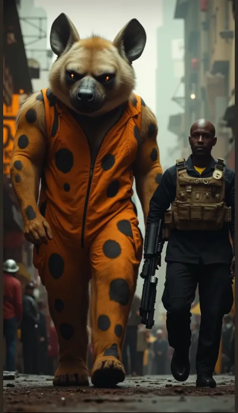 "An imposing anthropomorphic hyena with golden-brown fur, dark spots, and glowing intense eyes, wearing a rugged bright orange jumpsuit with black markings, walking confidently through a busy, gritty urban street. Beside the hyena walks a serious and heavi...