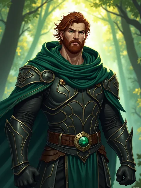 A highly detailed fantasy-style portrait of a strong and muscular man with reddish-brown hair, a full beard, and deep brown eyes. He is wearing a dark green hooded cloak with intricate silver and emerald patterns, layered over armor with ornate designs. A ...