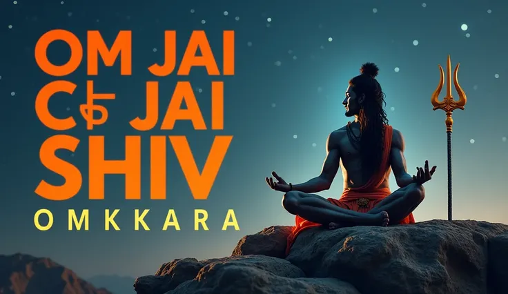 "Lord Mahadev is sitting in deep meditation on a stone. To his right, a trident (trishul) is firmly planted in the right. The background features a soft night sky with univers. Large, bold, and attractive orange text reads 'OM JAI SHIV OMKARA,' and below i...