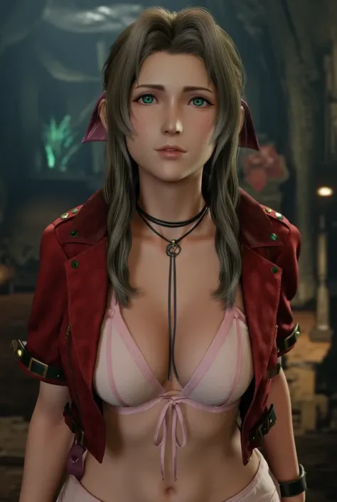 Personnage final fantasy VII aerith gainsborough debout, les yeux fermés, priant. Énorme poitrine. Image style manga détail Précis, qualité 8k.