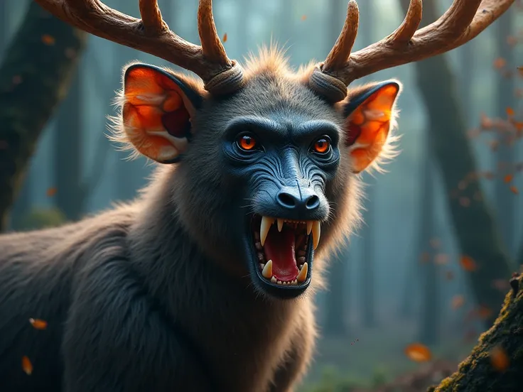 An aggressive mandrill-like monkey head with a body like a deer and horns、and the ultimate fusion with sharp teeth、Picture of a forest where deer antlers glow beautifully,   beautiful digital art  work,   beautiful digital art  ,   Beautiful Artwork Illust...