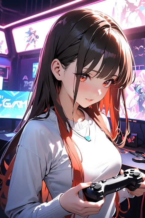 1 girl, (cute face), young adult, various hairstyles, (confident expression), (long hair), medium breasts, slim, (wearing stylish gaming outfit), knee-length skirt, (porcelain skin), 
BREAK 
futuristic gaming arena, neon lights, computer screens, (standing...