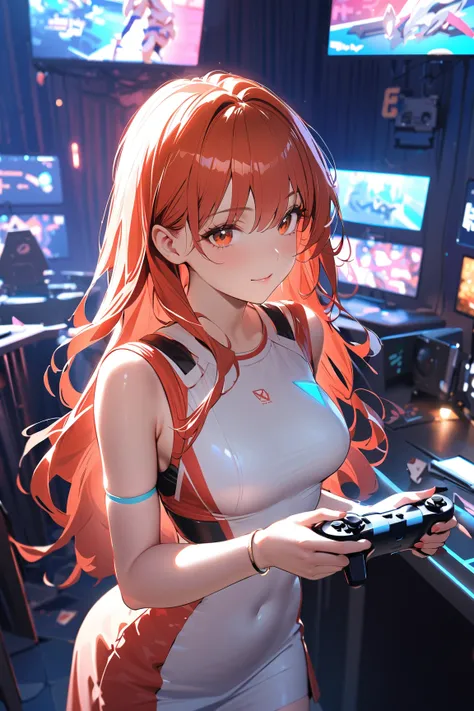 1 girl, (cute face), young adult, various hairstyles, (confident expression), (long hair), medium breasts, slim, (wearing stylish gaming outfit), knee-length skirt, (porcelain skin), 
BREAK 
futuristic gaming arena, neon lights, computer screens, (standing...