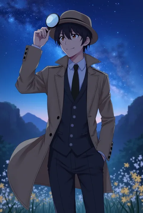 anime、smile、 handsome、 is cool、male、 black hair side cut 、Detective uniform、hat、Hold the magnifier 、I'm investigating the incident

Location → Detective Agency

Outside view → starry sky、Night Sky、Milky Way Galaxy、 Aurora、 Flower Garden 