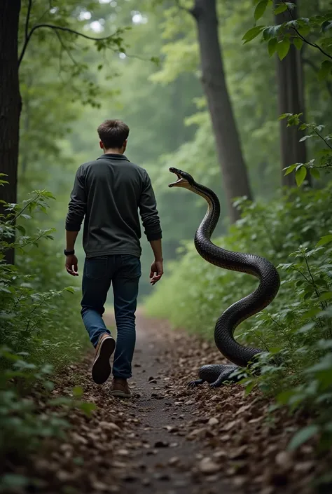 A man is walking down a forest path when suddenly, a snake emerges from the underbrush, striking in a swift, threatening motion. The man, startled, looks down in shock as the snake prepares to strike, its fangs bared and its body coiled in an aggressive st...