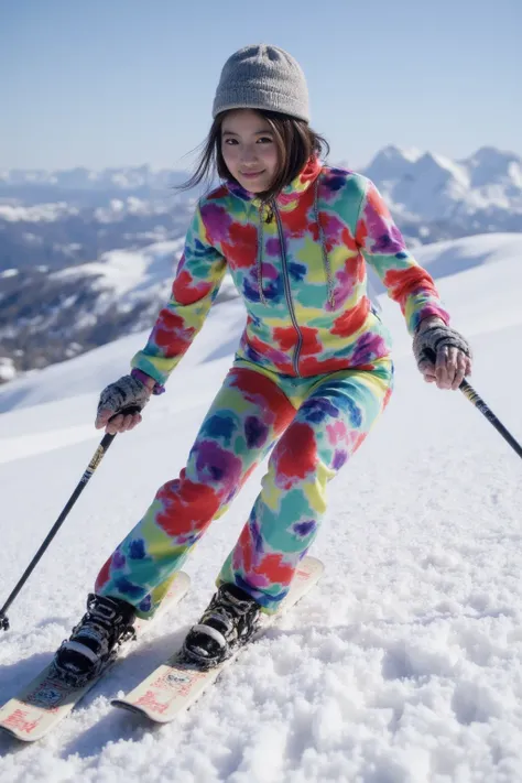 1woman, She is skiing at the mountain covered with a lot of snow. She wears a skiing wear, woolen hat and goggles. Also she has skiing stocks in both hands. (masterpiece, top quality, best quality, extreme detailed, colorful, highest detailed, Dreamy Atmos...