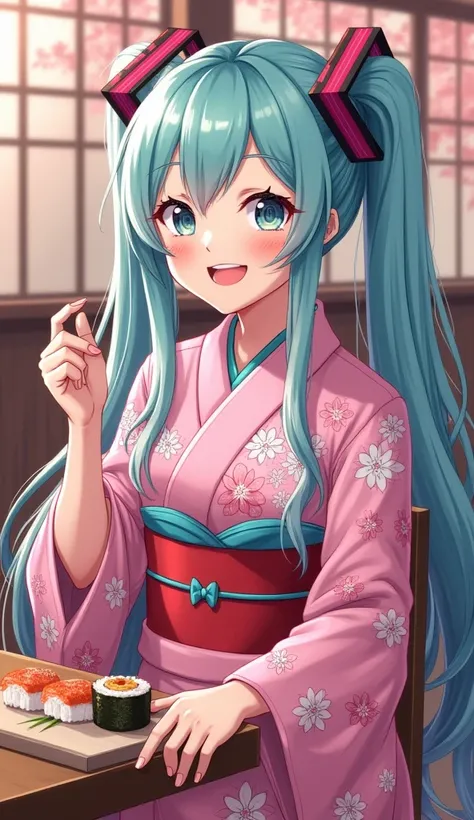       Hatsune Miku wearing a pink kimono with cherry blossom details   (      Sakura flowers ) and some sky blue details      , without a hat , with a cheerful and lively face       ,   at a Japanese restaurant , eating sushi, ,     long hair pants      , ...