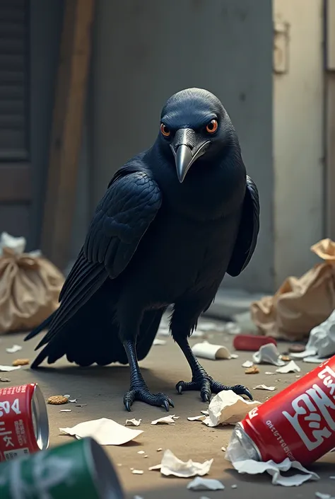 A crow cleaning trash