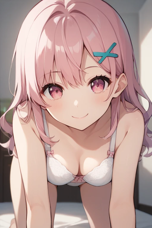  score_9,  score_8_   up the side,  score_7_   up the side,  score_6,  score_5_   up the side,  score_4_   up the side，Anime，nsfw，  uncensored，9th Hana ,  pink eye,   pink hair,  long hair,  short bang ,   hair clip,    X Hair Ornament, ( Cute White Bra、 c...