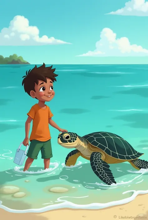 Title: A Turtle’s Lesson

(Scene: A young boy, Jake, wades through the shallow waters of a clear lagoon. He spots an old sea turtle struggling with a piece of plastic tangled around its flipper.)

Jake: (gently approaching) Hey there, buddy. Let me help yo...