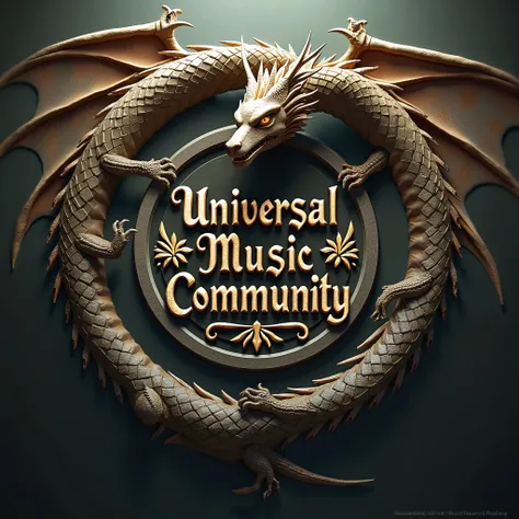 dragon circle frame picture with circular inscription"universalmusiccommunity" ultra hd realistic