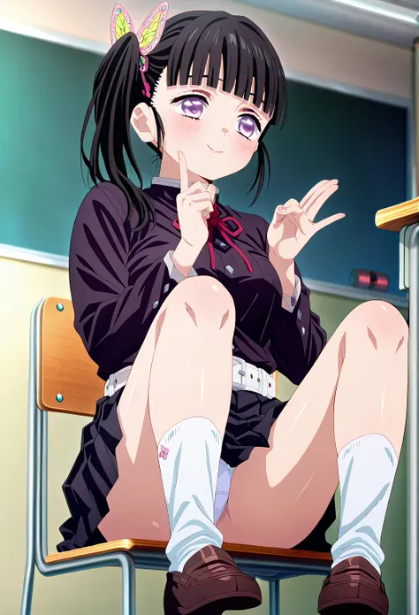 quality, 高quality, 素晴らしいquality,  very aesthetic,  Masterpiece,  1 girl,  sitting in a transparent chair, classroom、aakanao, long hair, black hair, side ponytail,  hair ornament , blunt bangs, purple eyes, medium breasts, black shirt, long sleeves, white b...