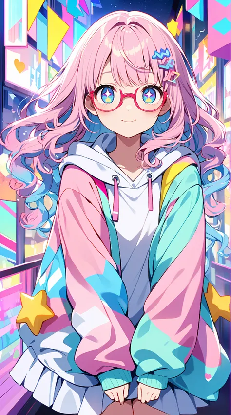 A cute anime-style girl with glasses, with bright, sparkling eyes and a cheerful smile. She has short wavy hair in pastel pink or sky blue, with small star or heart-shaped hair clips. She wears a stylish yet casual outfit, such as an oversized sweater with...