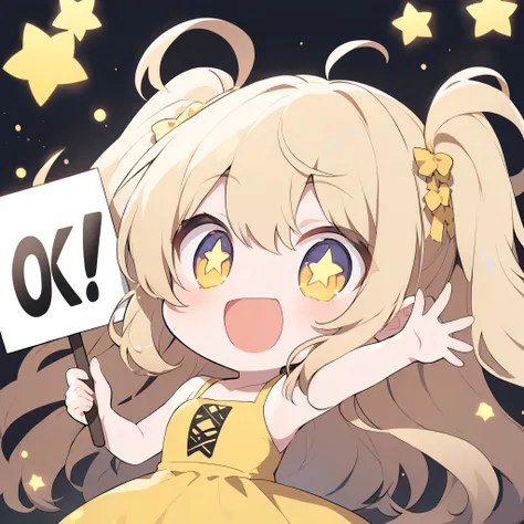 Anime girl holding a sign saying "OK" on it, looking excited, star eyes, chibi style, black and yellow dress, dark background