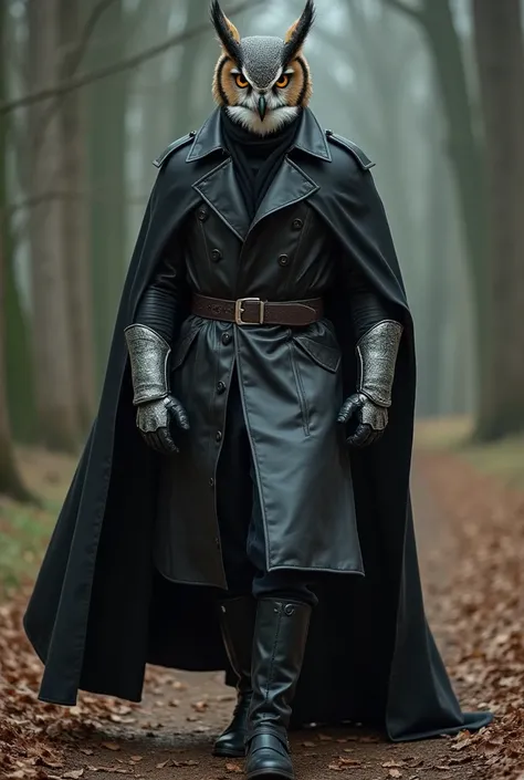  Hunter wearing a thick leather trench coat accompanied by a long, dark cape.
 He wears silver and leather gauntlets .
Fabric and cotton pants .  that end in long black leather boots .
 In addition to an owl mask that symbolizes hunting and connection with...