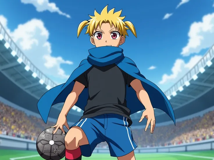 personnage masculin de taille moyenne, musclé.de l'anime Inazuma Eleven Victory Road, il s'appelle jino foster. Il porte un gilet noir de couleurs bleu, avec echarpe bleu des cheveux jaune courts avec deux couettes blanches qui se penchent vers la gauche. ...