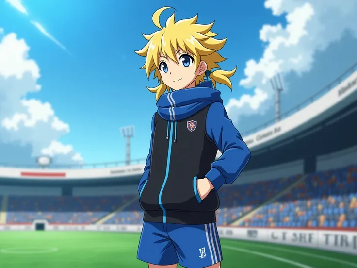 personnage masculin de taille moyenne, musclé.de l'anime Inazuma Eleven Victory Road, il s'appelle jino foster. Il porte un gilet noir de couleurs bleu, avec echarpe bleu des cheveux jaune courts avec deux couettes blanches qui se penchent vers la gauche. ...