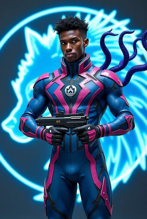 "A Fire Magic-powered 25-year-old Black male God in a Sky-Blue and Pink suit with Pink metal details, with a Black metal wolf paw symbol on the chest. Holding a Large Gun made of Sky-Blue Metal. Four 12-foot Venom like Sky-Blue Tendrils are coming from his...