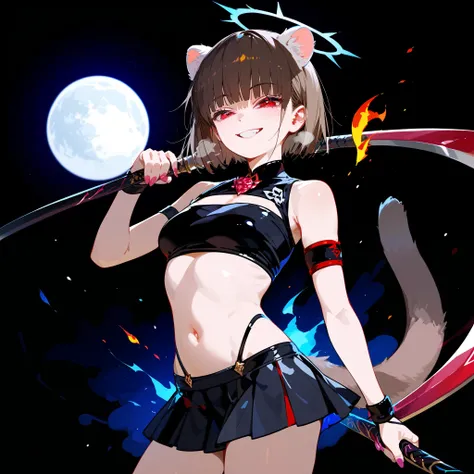 Kama Itachi , Girl with Ferret Ears,smile, short hair , has a tail , in red eyes , black background,Japan,Yokai , Brown Hair , assassin,Double Scythe ,milf, small chest, Slim ,BLACK NINJA COSTUME,, a red moon, Short Skirt ,HALO is a blue light ,Fierce face...