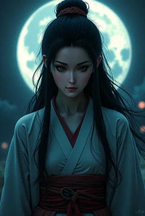 A mesmerizing depiction of Himiko, the legendary queen of Yamatai, radiating seductive beauty and an air of mystery. She appears visibly angry, with intense, piercing eyes and a fierce expression, set against a dark, brooding background illuminated by the ...