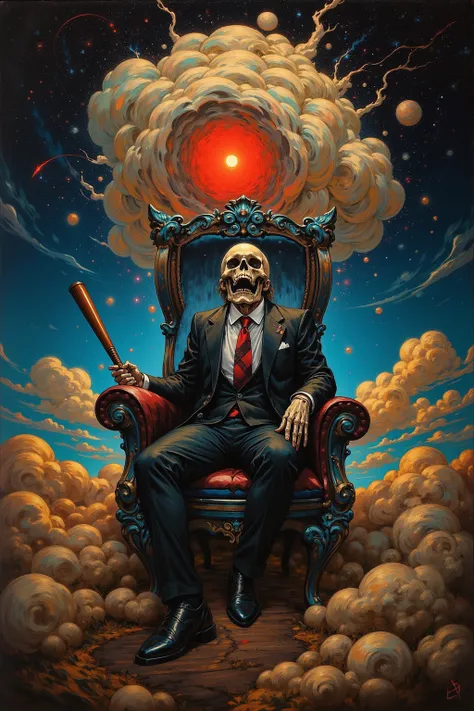 スーツを着た  painting of a man with a skeleton   sitting on a chair holding a baseball bat,  promotional art , Album Cover ,new   Album Cover  ,  album art, sitting in a cosmic cloud landscape  , inspired Sid Barrett  ,creepy surreal art ,Sid Barrett  ,  album ...