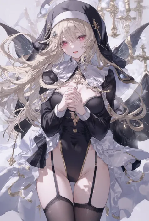 Blonde hair, red eyes, wearing a nun's outfit, big breasts, big thighs, big ass, wearing black stockings, clasped hands, with a cross around. 