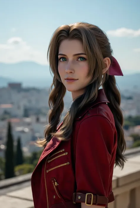 A professional photograph of Aerith Gainsborough in Athens, Greece.
She is posing in front of the Temple of Athena.
The view also shows the city at noon, on a sunny day
The photo is taken with an analogue camera, which gives a cinematic feel to the image.,