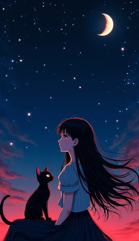 Girl with long black hair accompanied by a black cat at starry night red and black color palette ,  anime-style 