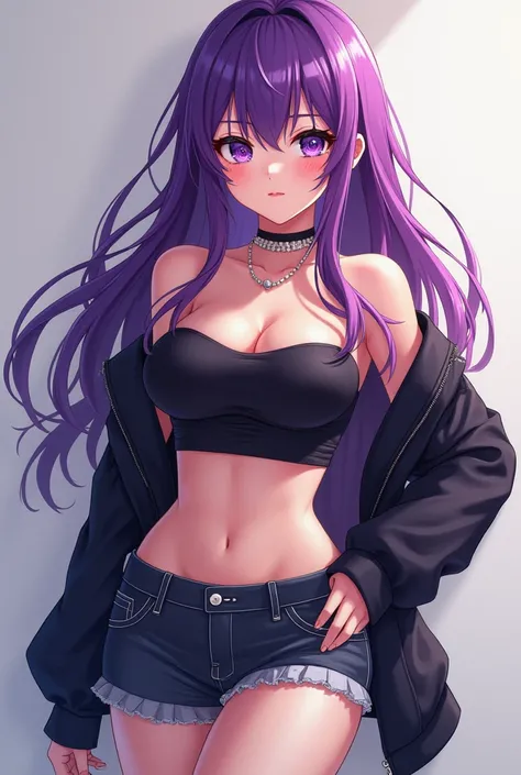 Anime girl  with spiral eye and sexy pose in crop top and short pants with big breast and purple hair 