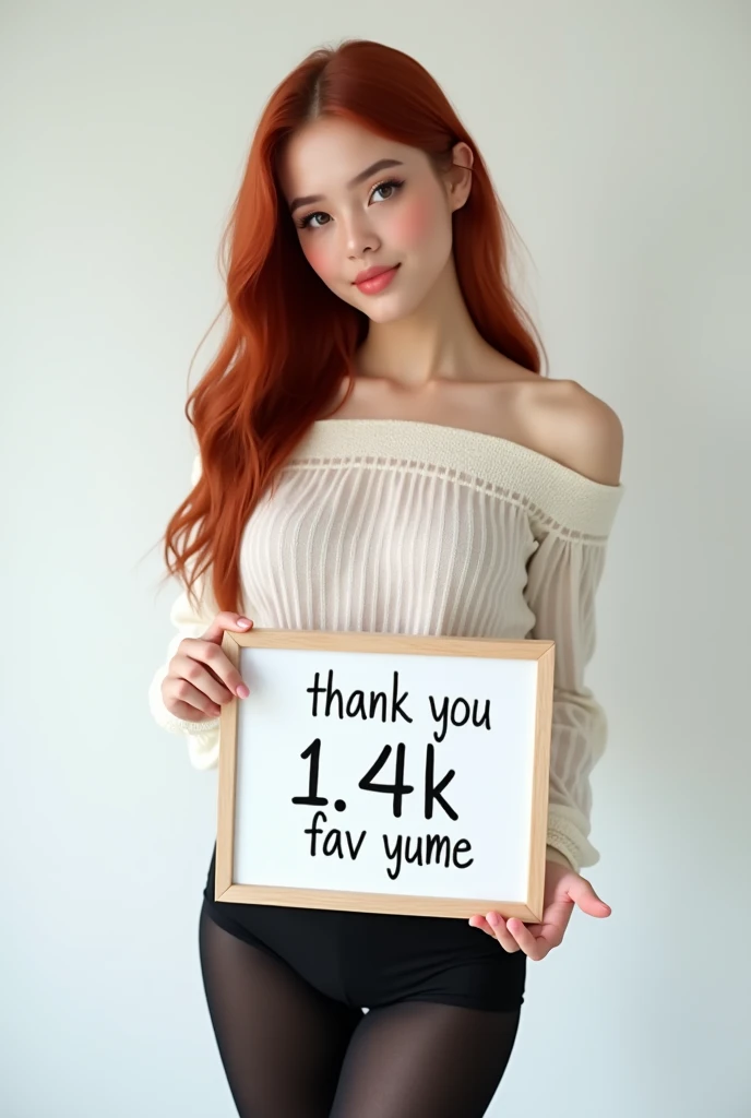   crimson hair and great attention to detail ,  extremely realistic ,  hyperrealism ,  Super Real , ( Masterpiece,  attention to delicate eyes  : 1.2), ( cute), 15-year-old girl,   off-the-shoulder white sheer crop mini sweater , black heels ,  wearing bla...