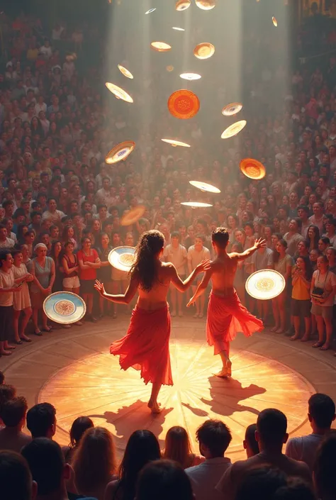  plate dance , with a lot of people watching it around the dancers