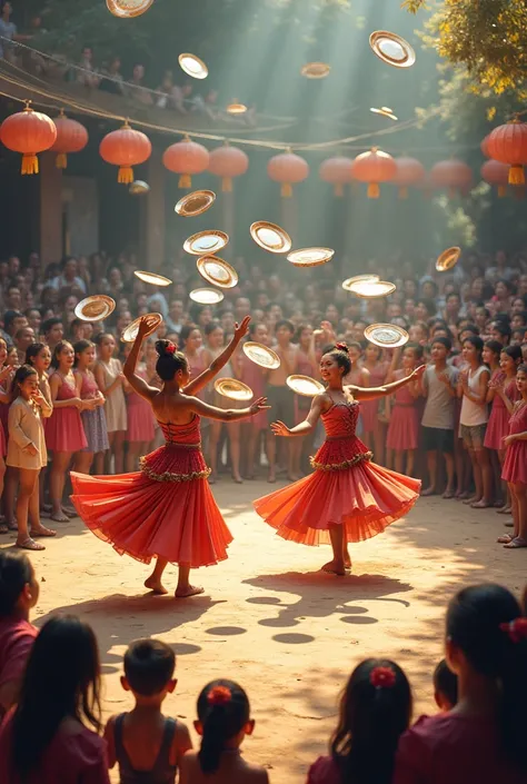  plate dance , with a lot of people watching it around the dancers