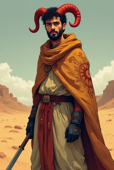 Create a full-body anime-style illustration of a 25-year-old arcane young hermit wizard from the desert, exuding an aura of mystery and power.  The wizard has striking features ,  including a very short beard and penetrating eyes that transmit wisdom beyon...