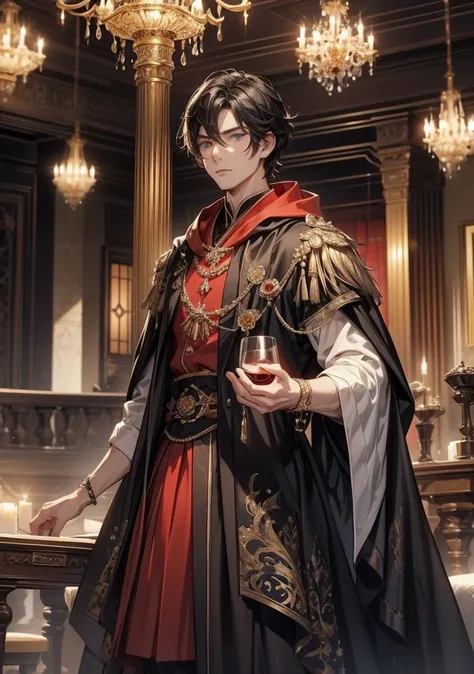  top quality。 detailed depiction of up to the front door。Castle ballroom。cool and handsome nobleman、(( one adult man))。 well-groomed 。Men's Hairstyles 、((male short hair))、青みを帯びた black hair、(( black hair))。 cool and intimidating look。(( blue eyes))。 well-g...