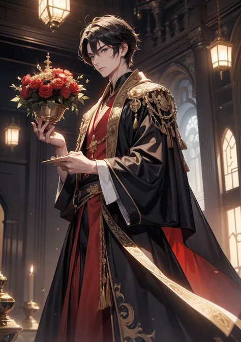  top quality。 detailed depiction of up to the front door。Castle ballroom。cool and handsome nobleman、(( one adult man))。 well-groomed 。Men's Hairstyles 、((male short hair))、青みを帯びた black hair、(( black hair))。 cool and intimidating look。(( blue eyes))。 well-g...